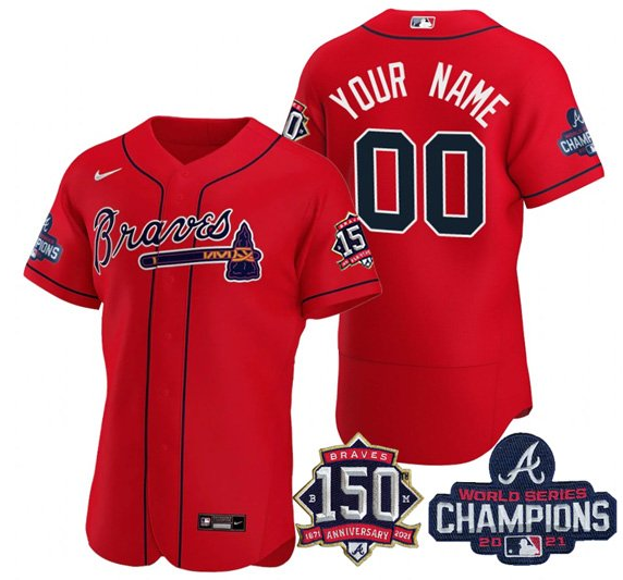 Men's Atlanta Braves Red ACTIVE PLAYER Custom 2021 World Series Champions With 150th Anniversary Flex Base Stitched Jersey